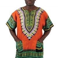 薄手素材　Orange　ユニセックス　男女兼用　ダシキ　Dashiki　半袖シャツ　アフリカンプリント　民族衣装　 ヒッピー　hiphop