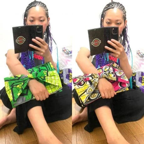 アフリカンプリント　アフリカ布　マグネットボタン　ハンドメイド　リボン　クラッチバッグ　African print ribbon clutch bag