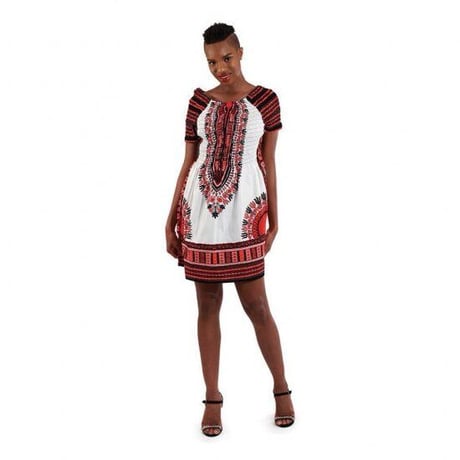 ホワイト×レッド　ダシキ　アフリカンプリント　オフショルダー　ショート　ワンピース　Africa Dashiki White/Red