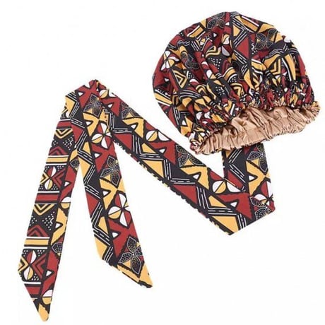 アフリカンプリント　ボンネット　キャップ　らくらくターバン　ターバン帽子　ヘッドラップ　African print Bonnet cap Head wrap Mud print