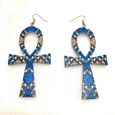 アンク×アフリカンプリント　ウッド　木製　アフリカ　エジプト　Egypt　Ankh　ピアス