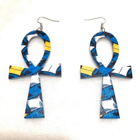 アンク×アフリカンプリント　ウッド　木製　アフリカ　エジプト　Egypt　Ankh　ピアス