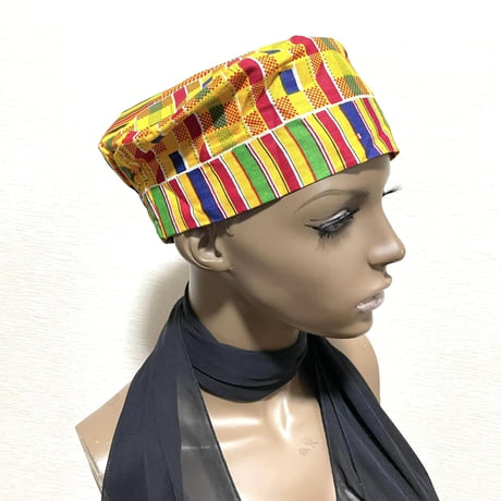 アフリカンプリント　ケンテ　パーニュ　キテンゲ　キャップ　ハット　帽子　African print Kente Kufi Hat C-H089
