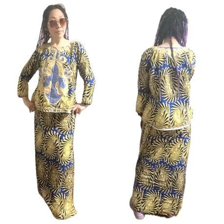 USED Made in Africa Congo アフリカンプリント　ブルー　ドレス　セットアップ　African print dress