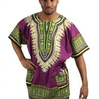 薄手素材　Purple　ユニセックス　男女兼用　ダシキ　Dashiki　半袖シャツ　アフリカンプリント　民族衣装　 ヒッピー　hiphop