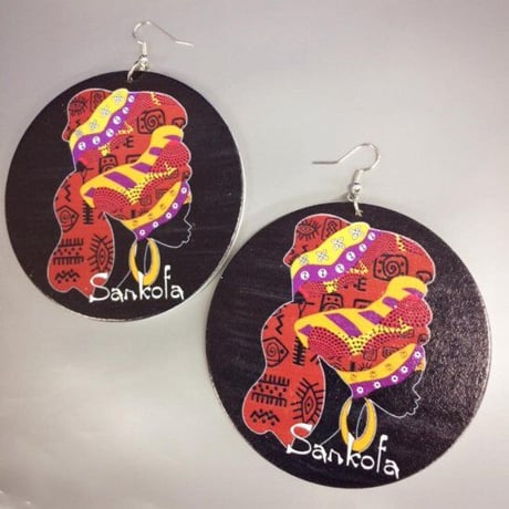 サンコファ　アフリカ　アフリカン　女性　ターバン　ヘッドラップデザイン　カラフル　ピアス　Africa　African woman　Sankofa
