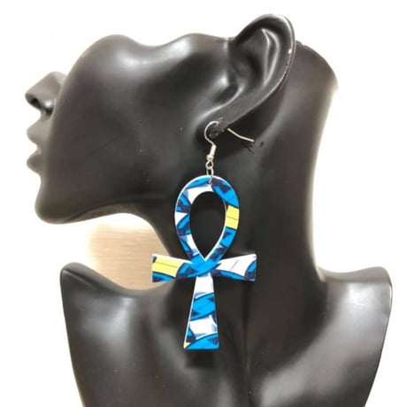 アンク×アフリカンプリント　ウッド　木製　アフリカ　エジプト　Egypt　Ankh　ピアス