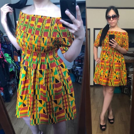 USED SALE !!!  フリーサイズ　ケンテ　アフリカンプリント　オフショルダー　ワンピース　African Print kente