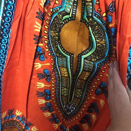 ダシキ　アフリカンプリント　オフショルダー　ロング　ワンピース　Africa Dashiki Orange