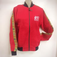 ケニア直輸入　ケニア産　アフリカ　ケニア　ダシキ　ダシキプリント　"Good Vibes Only" ロゴ入り　レッド　デニムジャケット　デニム　Dashiki
