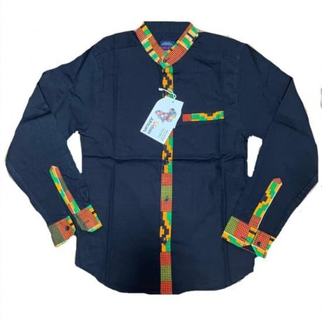 ユニセックス　アフリカンプリント　ブラック　ケンテ　長袖シャツ　Kente African print Trim Dress Shirt