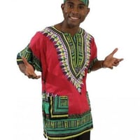 薄手素材　Fuchsia　ユニセックス　男女兼用　ダシキ　Dashiki　半袖シャツ　アフリカンプリント　民族衣装　 ヒッピー　hiphop