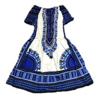 ホワイト×ブルー　ダシキ　アフリカンプリント　オフショルダー　ショート　ワンピース　Africa Dashiki White/Blue