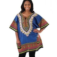 薄手素材　Blue　ユニセックス　男女兼用　ダシキ　Dashiki　半袖シャツ　アフリカンプリント　民族衣装　 ヒッピー　hiphop