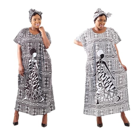 2色　Mud print　アフリカンプリント　カフタン　ワンピース　ヘッドラップ付き　Africa woman printing Kaftan 06