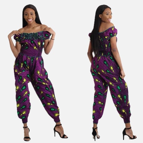 USED SALE !!!  フリーサイズ　アフリカンプリント　オフショルダー　ジャンプスーツ　African Print Jumpsuits