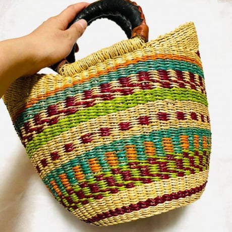 Made in Ghana　アフリカ　ガーナ　ハンドメイド　レザー　バスケット　ハンドバッグ　Africa Handmade Woven Leather Basket