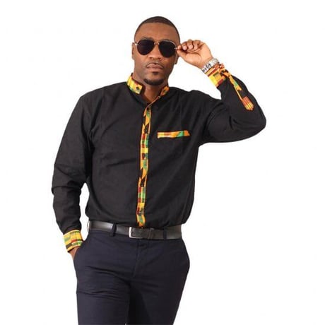 ユニセックス　アフリカンプリント　ブラック　ケンテ　長袖シャツ　Kente African print Trim Dress Shirt