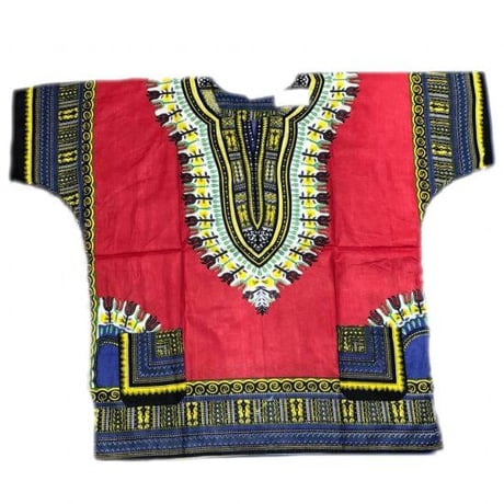 薄手素材　Red　ユニセックス　男女兼用　ダシキ　Dashiki　半袖シャツ　アフリカンプリント　民族衣装　 ヒッピー　hiphop