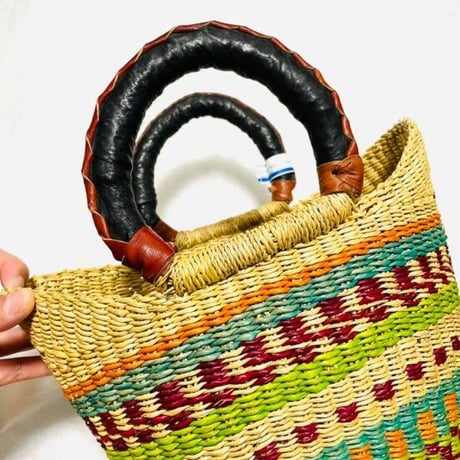 Made in Ghana　アフリカ　ガーナ　ハンドメイド　レザー　バスケット　ハンドバッグ　Africa Handmade Woven Leather Basket
