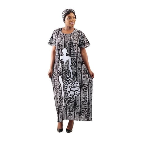 2色　Mud print　アフリカンプリント　カフタン　ワンピース　ヘッドラップ付き　Africa woman printing Kaftan 01