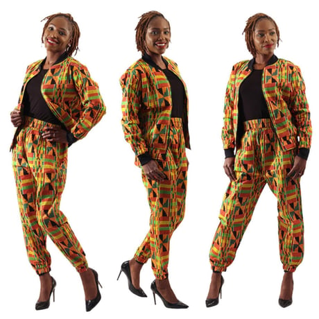 《B級品：破れあり》アフリカンプリント　ケンテ　ジャケット　パンツ　セットアップ　African print Kente setup Track Suit