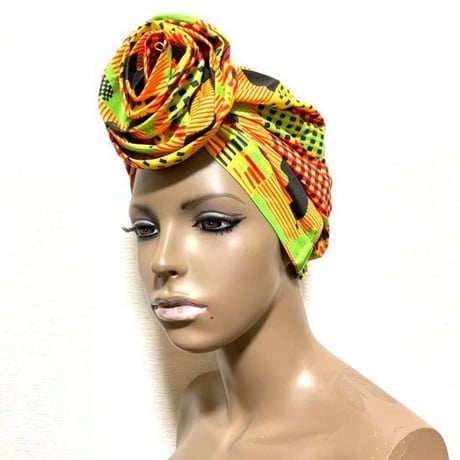 アフリカンプリント　らくらくターバン　ターバン帽子　ヘッドラップ　ケンテ　African print Head wrap