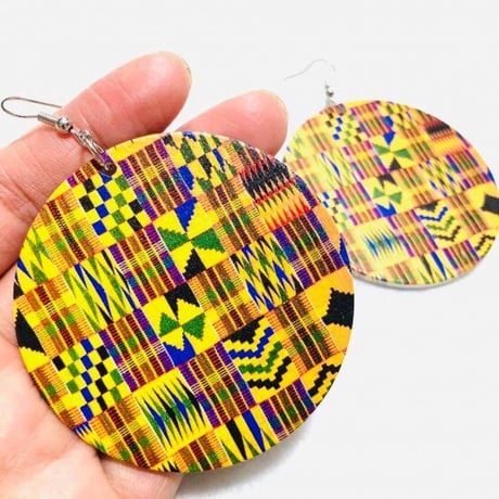 アフリカンプリント　ケンテ　木製　サークル　ウッドピアス　Africa African print Kente