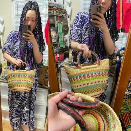 Made in Ghana　アフリカ　ガーナ　ハンドメイド　レザー　バスケット　ハンドバッグ　Africa Handmade Woven Leather Basket