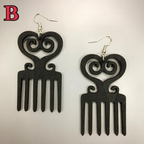 アフリカ　シンボル　アディンクラ　サンコファ　コーム　モチーフ　ウッドピアス　Africa Adinkra DWENNIMMEN Sankofa