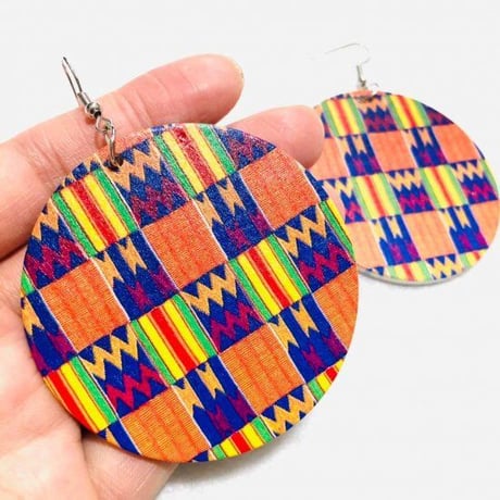アフリカンプリント　ケンテ　木製　サークル　ウッドピアス　Africa African print Kente