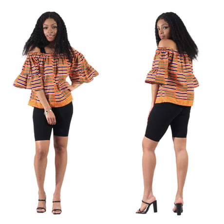 アフリカンプリント　ケンテ　スリーブレス　オフショルダー　トップス　African print Kente Full Sleeve Dress Shirt