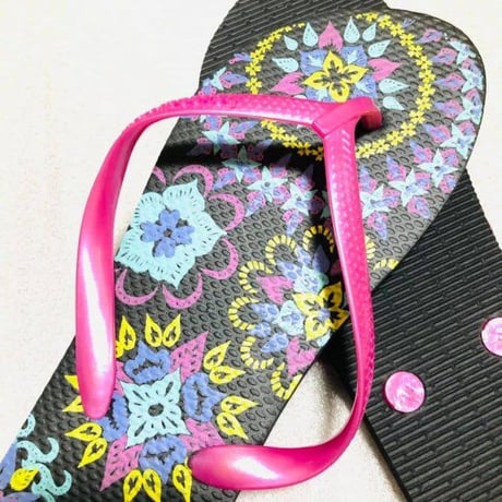【23.5～26cm】 ユニセックス　サークルフラワー　エスニック　ビーチサンダル　幾何学模様　ネイティブ柄　サンダル　アジアン雑貨