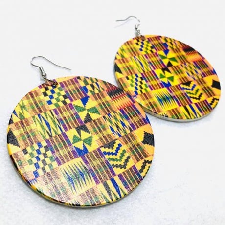 アフリカンプリント　ケンテ　木製　サークル　ウッドピアス　Africa African print Kente