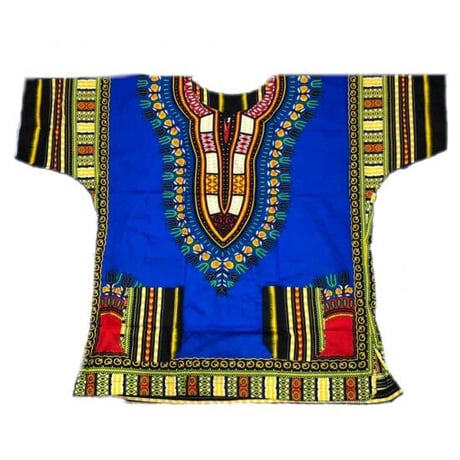 Blue　ユニセックス　男女兼用　ダシキ　Dashiki　半袖シャツ　アフリカンプリント　民族衣装　 ヒッピー　hiphop