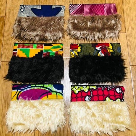 アフリカンプリント　アフリカ布　ファーポーチ　African print porch