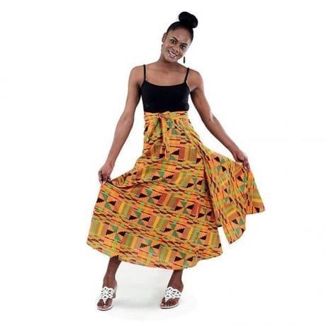 アフリカンプリント　ケンテ　ラップスカート　巻きスカート　紐結び　スカート　African print Kente skirt