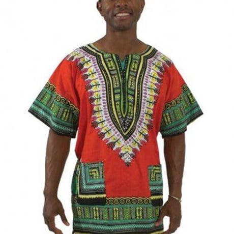 薄手素材　Red　ユニセックス　男女兼用　ダシキ　Dashiki　半袖シャツ　アフリカンプリント　民族衣装　 ヒッピー　hiphop