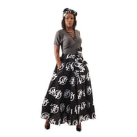 アフリカンプリント　アディンクラ　ガーナ　ジニャメ　ブラック　紐 / ヘッドラップ付き　スカート　ロングスカート　African print Adinkra Gye Nyame Maxi Skirt