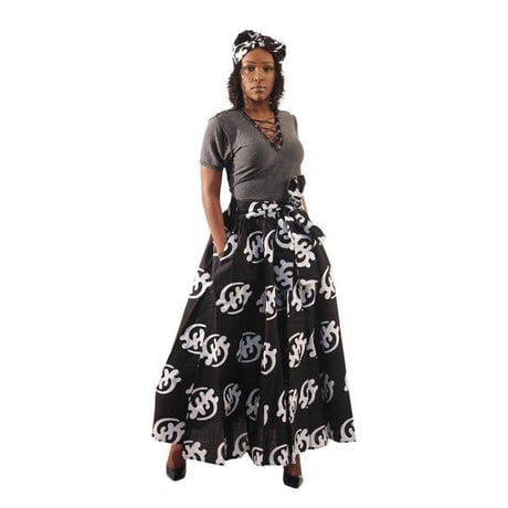アフリカンプリント　アディンクラ　ガーナ　ジニャメ　ブラック　紐 / ヘッドラップ付き　スカート　ロングスカート　African print Adinkra Gye Nyame Maxi Skirt