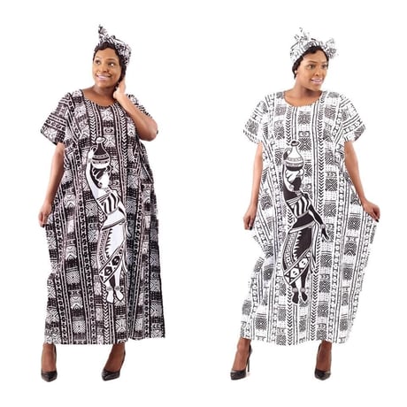 2色　Mud print　アフリカンプリント　カフタン　ワンピース　ヘッドラップ付き　Africa woman printing Kaftan 05