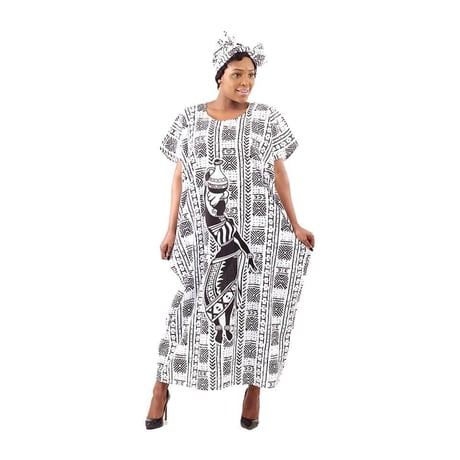 2色　Mud print　アフリカンプリント　カフタン　ワンピース　ヘッドラップ付き　Africa woman printing Kaftan 05
