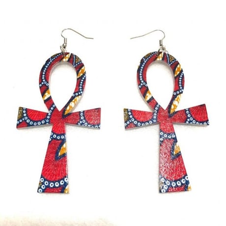 アンク×アフリカンプリント　ウッド　木製　アフリカ　エジプト　Egypt　Ankh　ピアス