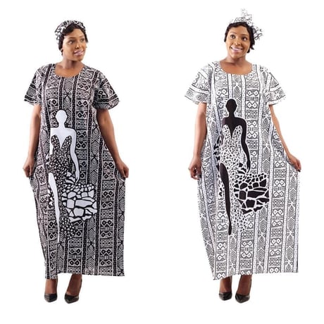 2色　Mud print　アフリカンプリント　カフタン　ワンピース　ヘッドラップ付き　Africa woman printing Kaftan 01