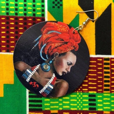 両面プリント　アフリカ　アフリカン　女性　ターバン　カラフル　ピアス　Africa　African woman