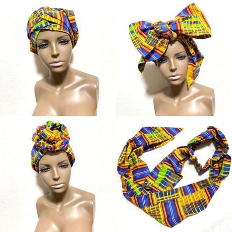 アフリカンプリント　ケンテ　ターバンヘアバンド　クロス　ヘッドラップ　ヘアバンド　African print Head wrap kente