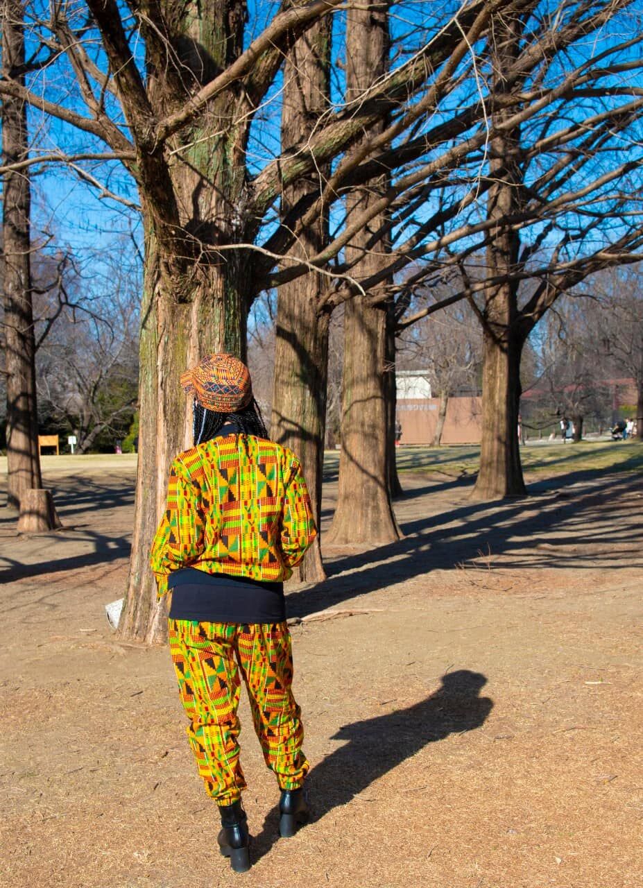 《B級品：破れあり》アフリカンプリント　ケンテ　ジャケット　パンツ　セットアップ　African print Kente setup Track  Suit