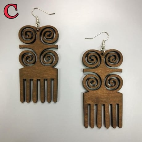 アフリカ　シンボル　アディンクラ　サンコファ　コーム　モチーフ　ウッドピアス　Africa Adinkra DWENNIMMEN Sankofa