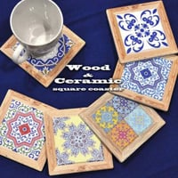 エスニック　ウッド　セラミック　タイル　コースター　スクエア型　曼荼羅　幾何学模様　Ethnic wood coaster