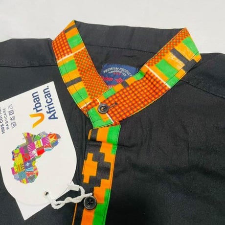 ユニセックス　アフリカンプリント　ブラック　ケンテ　長袖シャツ　Kente African print Trim Dress Shirt